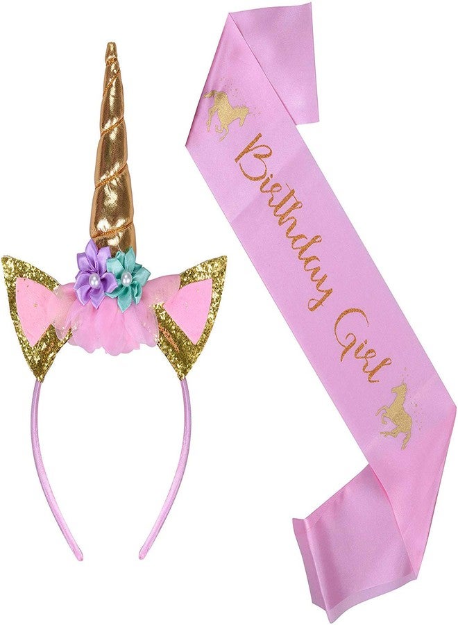 PATPAT 2pieces Unicorn Party Birthday Girls Set,include Headband and Pink Sash, 1 x Gold Glitter Unicorn Horn Headband, 1 x Pink Birthday Sash for Girls/Kid. - Image 1